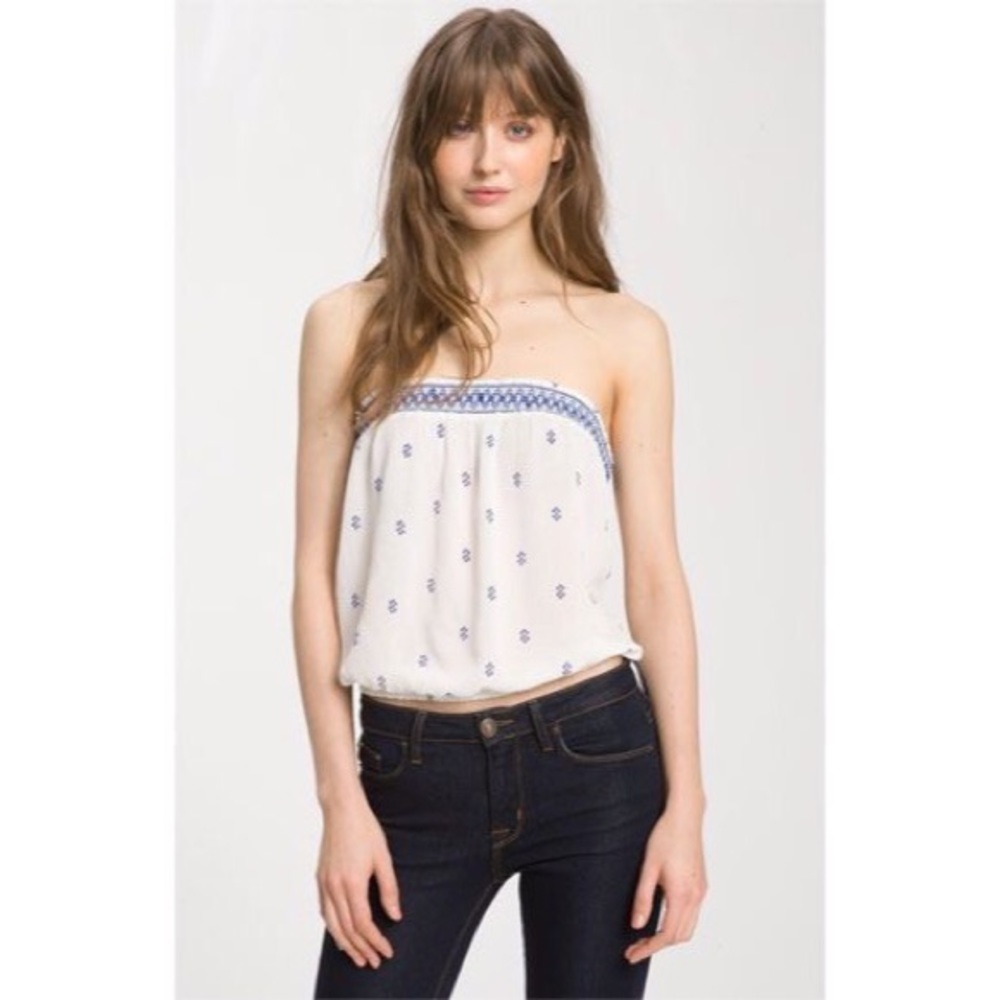 free people • strapless smocked top • white w blue vintage pattern • xs